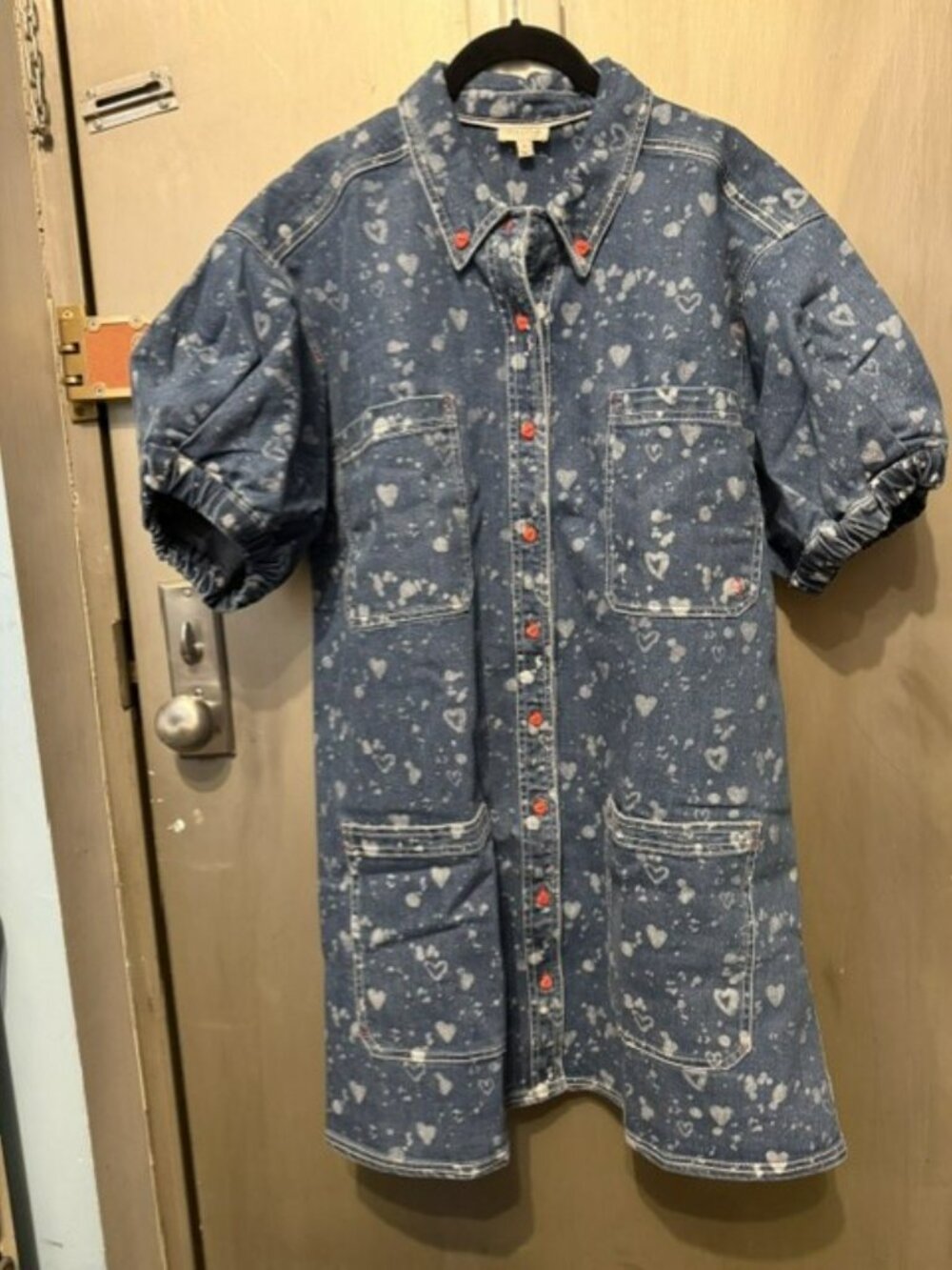 Pilcro Heart Print Denim Button-down Shift Mini Dress with Puff Sleeves - Picture 9 of 16